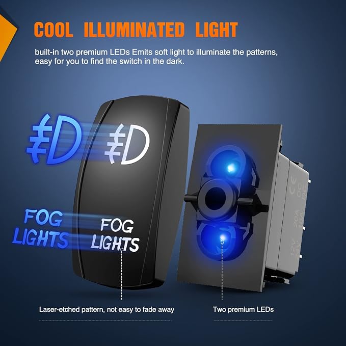 Nilight Fog Lights Rocker Switch Led Light Bar 5Pin Laser On Off SPST switches 20A/12V 10A/24V Blue with Jumper Wires Set for Cars Trucks RVs