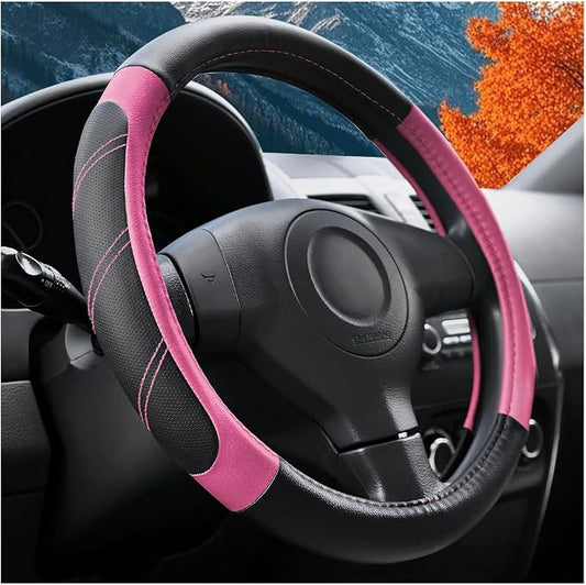Osilly Car Steering Wheel Cover, 14.5-15" Leather Breathable Anti-Slip Stylish Steering Wheel Protector, Comfortable Auto Interior Decoration Accessories, Universal for SUV Van Truck (Black Pink)