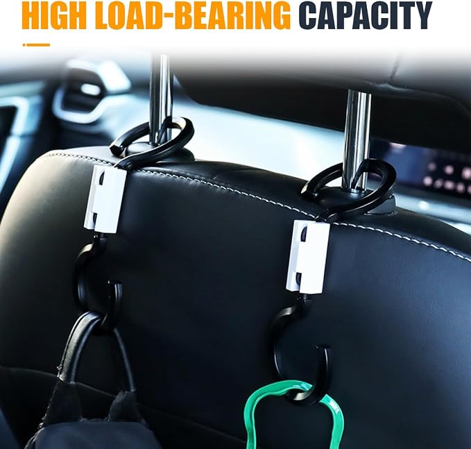 YoRise 2PCS S-Style Car Back Seat Headrest Hook, 360° Rotation Auto Seat Storage Hanger, Universal Vehicle Interior Organizer Accessories for Purse, Handbag, Coat, Umbrella, Grocery Bag (White)