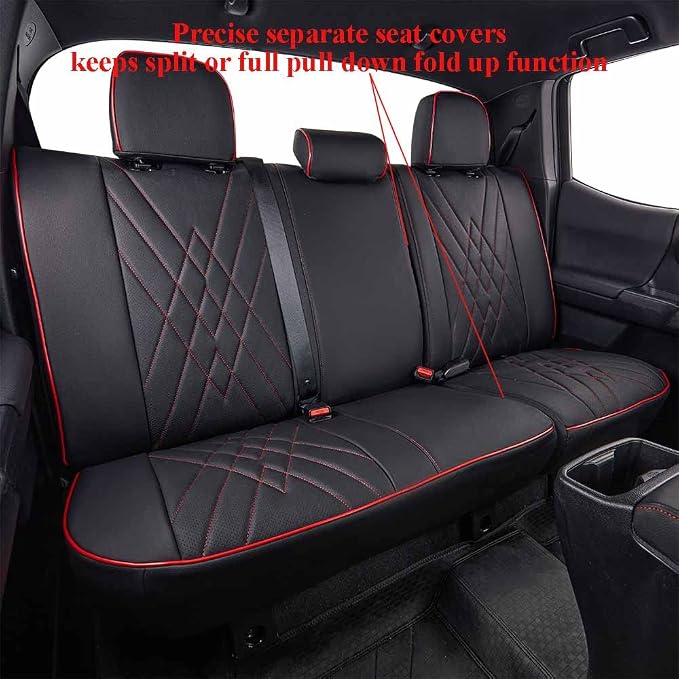 EKR Tacoma Seat Covers Custom Fit for Toyota Tacoma 2016 2017 2018 2019 2020 2021 2022 2023 Double Cab/Crew Cab -Truck Seat Covers for Car Full Set,Faux Leather(Black with Red Trim)