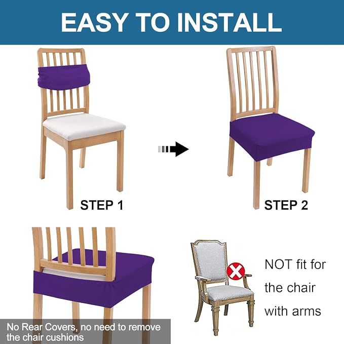 Smiry Waterproof Seat Covers for Dining Room Chairs Set of 8, Stretch Jacquard Removable Washable Chair Seat Slipcovers Protector, No Rear Covers, Violet