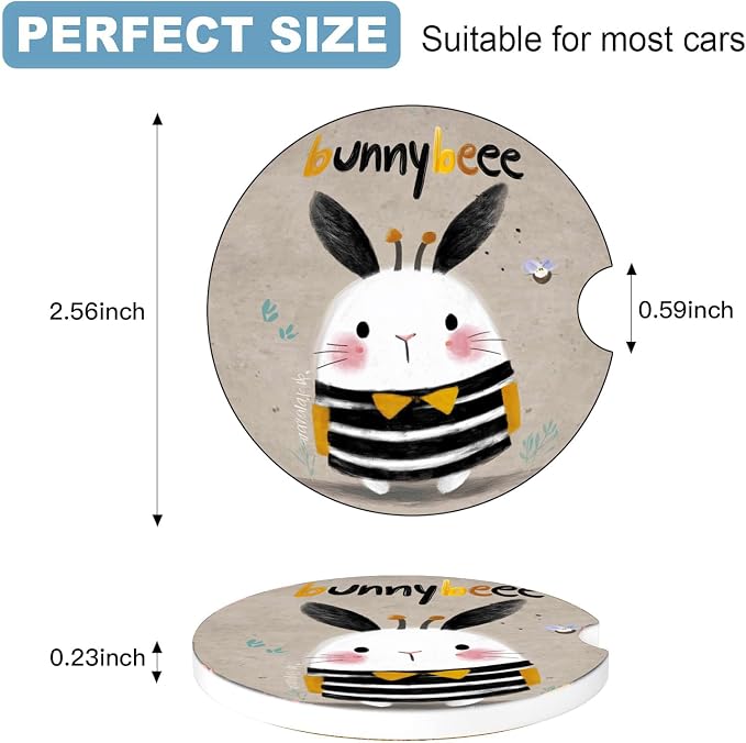 Car Cup Holder Coaster Set of 2, 2.56 in Ceramic Coasters, Scratch-Resistant Cork Backing, Finger Groove Design for Easy Placement, Cute Car Accessories Interior for Women (Striped Rabbit)