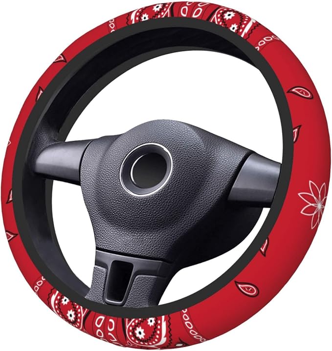 Black Border Red Bandana Colorful Paisley Bandanna Steering Wheel Cover Non-Slip Auto Steering Wheel Protector Car Accessories Universal Fit 15 Inches for Men Women