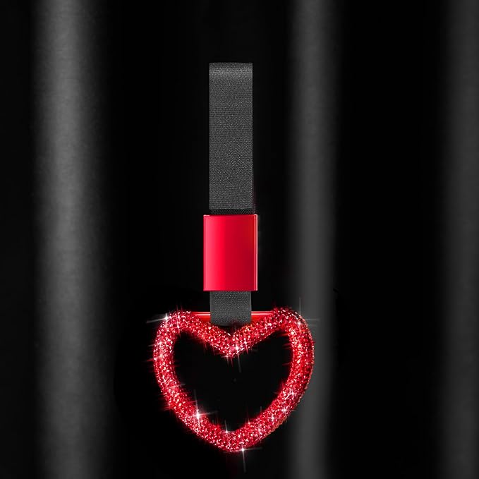 Fabbay Bling Car Accessories Bling Heart Handle Ring Car Accessory for Women Hand Strap Drift Charm Rear Bumper Warning Ring Decor for Auto Bus Interior Exterior Decoration (Red, Heart Style)