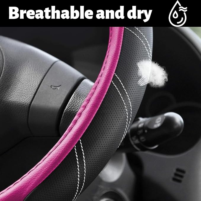 Car Steering Wheel Cover, 15 Inch Leather Breathable Auto Wheel Protection Cover with Non-Slip Lining, Padded Soft Grip Vehicle Steering Protector, Universal Fit (Black/Pink)