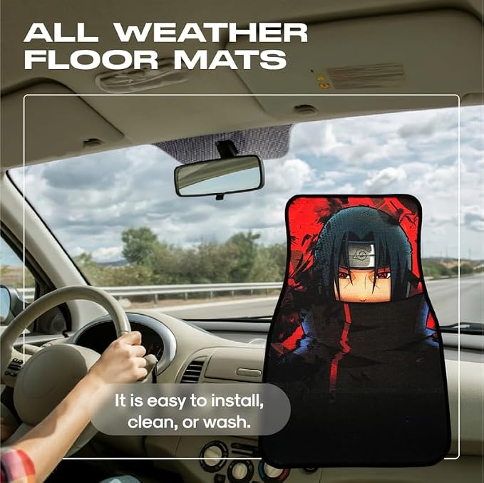 Anime Car Carpet Mat Set of 2 Front, Black Itchii Design Automotive Accessories Interior All Weather Floor Mats Decor with Non Slip Black Anti Skid Backing