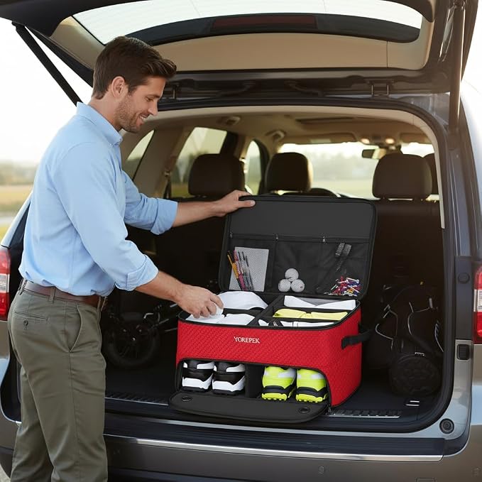 YOREPEK Golf Gifts for Men, 2 Layer Golf Trunk Organizer for 2 Pair Shoes | Waterproof Car Trunk Locker with Separate Ventilated Compartment for Balls, Tees, Clothes, Gloves, Birthday Gifts for Golfers