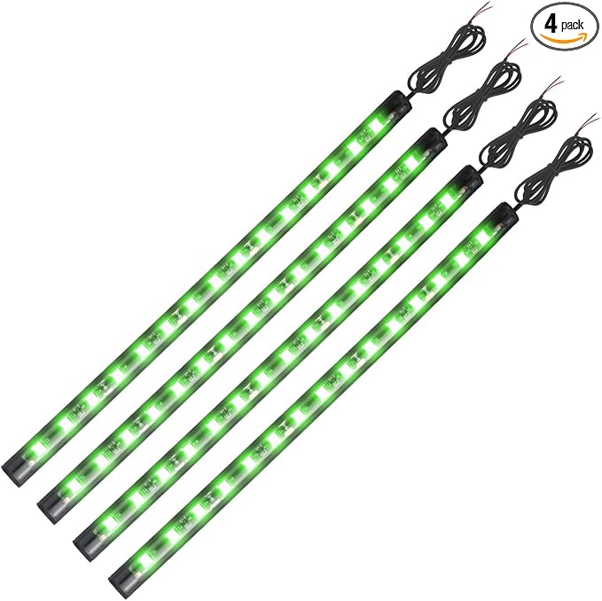 YM E-Bright Green Underglow LED Strip Lights 4 Pack 11inch IP67 Waterproof | 5050 15 SMD chips, DC12V low voltage, fits cars, motorcycles, golf cart, boats for interior & exterior decorative lighting