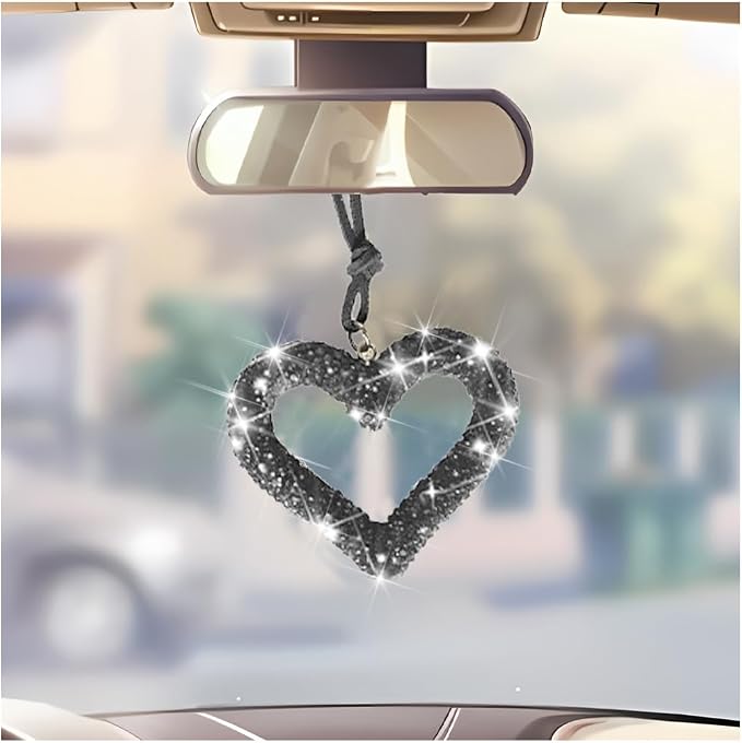 Mandark Bling Heart Car Hanging Accessories, Crystal Rhinestone Vehicle Rear View Mirror Charm Pendant Ornaments, Cute Diamond Auto Interior Hanger Decoration for Women Girls（Light Black）