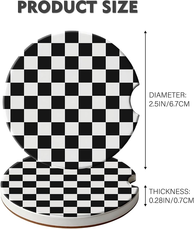 2 Pack Car Coasters for Cup Holders, Absorbent Ceramic Cup Coaster with Cork Base and Finger Notch, Cute Car Accessories Interior for Women Men (Grid-Black)
