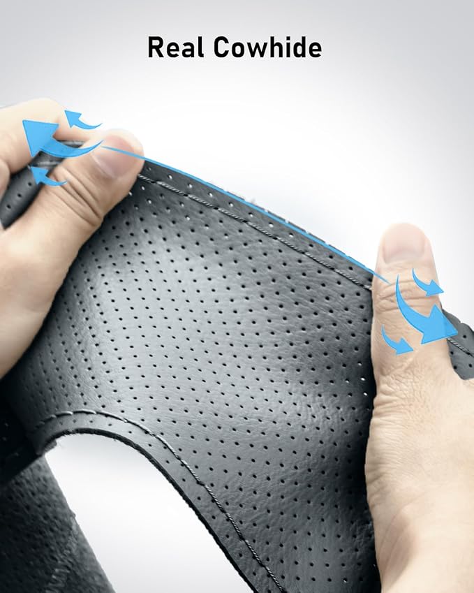Belinous Perforated Leather Car Steering Wheel Cover (Size L4, Gray) | Stitch On Wrap, Universal fit 13-20 Inch, Whole Piece of Cowhide, DIY w/Needle Thread, Breathable Anti-Slip Design