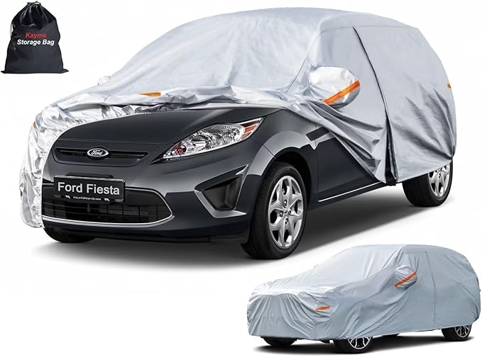 Kayme 6 Layers Hatchback Car Cover Custom Fit for Ford Fiesta (1989-2026), Waterproof All Weather for Automobiles,Rain Sun UV Protection.Silver