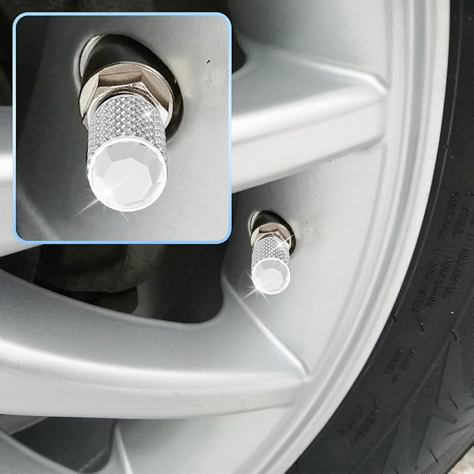 BFXM 4Pcs Car Tire Valve Stem Caps, Bling Tire Air Cap for Car, Car Accessories for Women Universal Stem Covers, Anodized Aluminum Tires Valve Cap with O Rubber Ring, Crystal Diamond