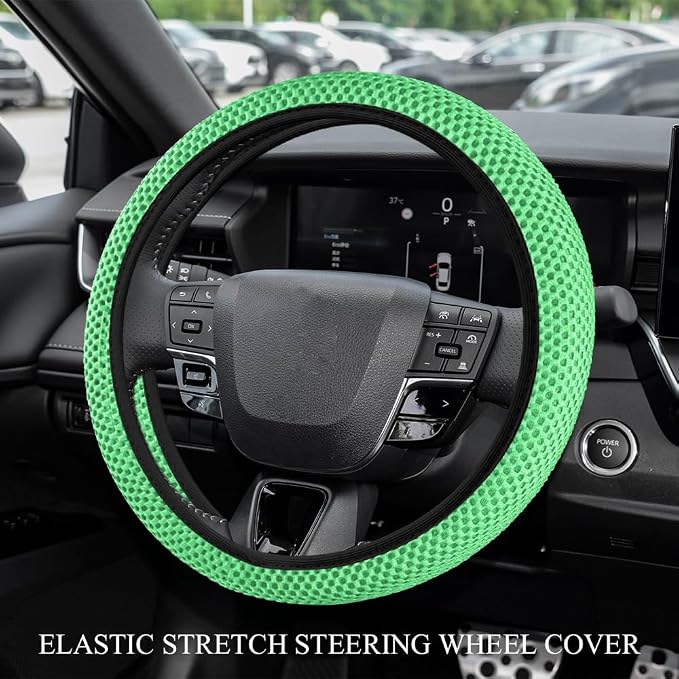 Elastic Stretch Steering Wheel Cover, Steering Wheel Protector, 15 Inch Anti-Slip Breathable Microfiber Ice Silk Protection, Easy Carry, Warm in Winter & Cool in Summer for Cars (Green)