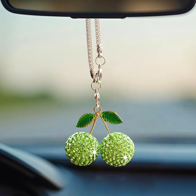 Bling Cherry Car Hanging Ornament, Cute Crystal Rear View Mirror Pendant, Sparkly Diamond Rearview Mirror Charms, Lucky Car Interior Decor Accessories (Green)