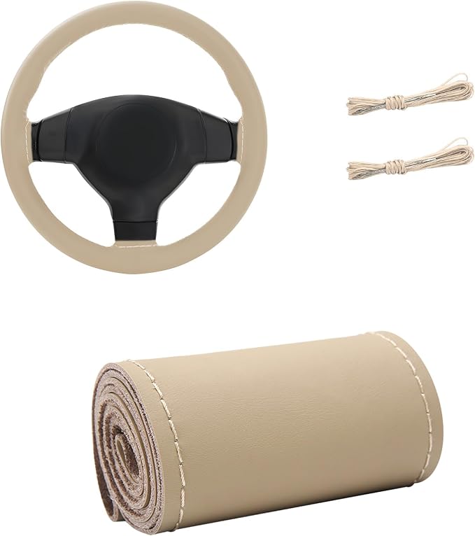 Genuine Leather Steering Wheel Cover, 15 Inch Stitch on Steering Wheel Protector with Needle & Thread, Anti-Slip DIY Sewing Wheels Wrap for Most Vehicles (Beige, Glossy)
