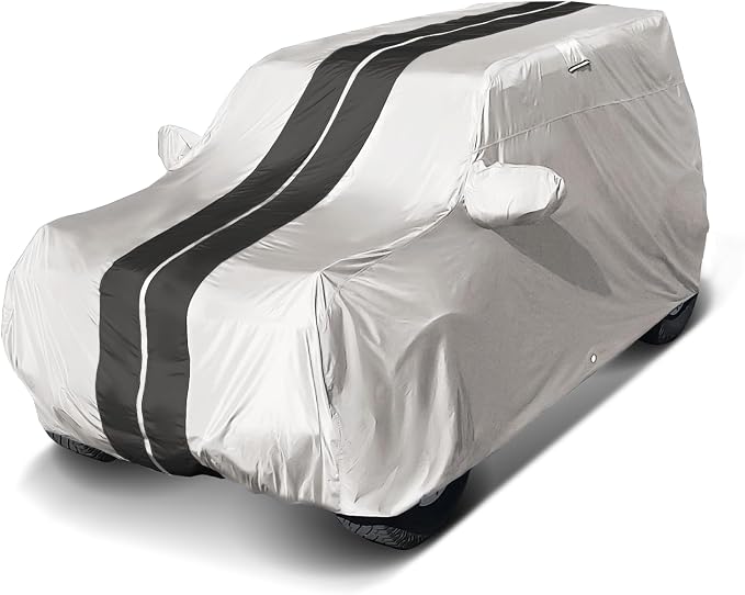 iCarCover Premium Plus SUV Car Cover Waterproof All Weather Rain Snow UV Sun Protection, VW ID.4, XT4, Corsair, Ariya, CR-V, Forester, Q4, 4Runner, Size S51 (See Size Chart) Stripe - Light Gray/Black