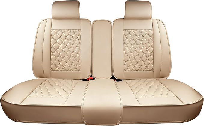 Huidasource Beige Car Rear Seat Covers, Nappa Leather Back Seat Cover, Automotive Rear Bench Seat Cushion Cover Universal Fit for Most Cars Sedan SUV Pickup Truck (Back Row/Beige)