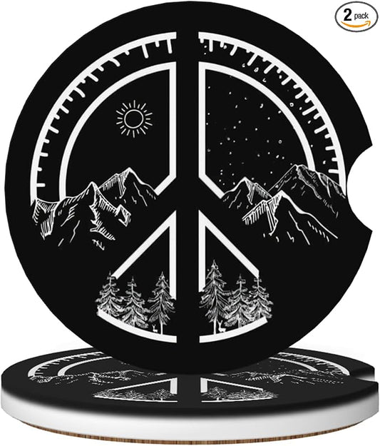Absorbent Car Coasters for Cup Holders, 2 Pack Universal Anti Slip Ceramic Cup Coaster for Women Men 2.56 Inch Car Interior Accessories - Peace Mountain 017