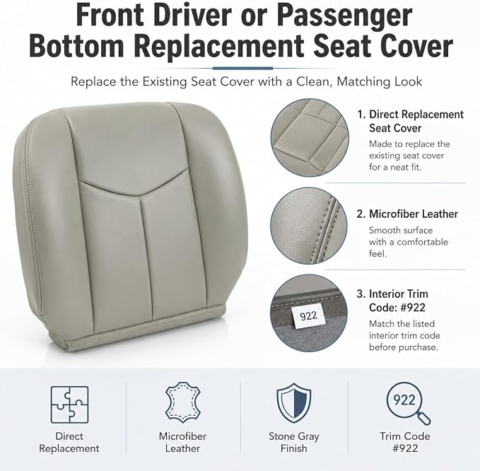 NLQR Gray #922 Driver & Passenger Bottom+Top Lean+Armrest Replacement Microfiber Leather Seat Covers Custom Fit for Chevy Silverado 1500 2500HD Tahoe Suburban Avalanche GMC Sierra Yukon XL 2003-2006