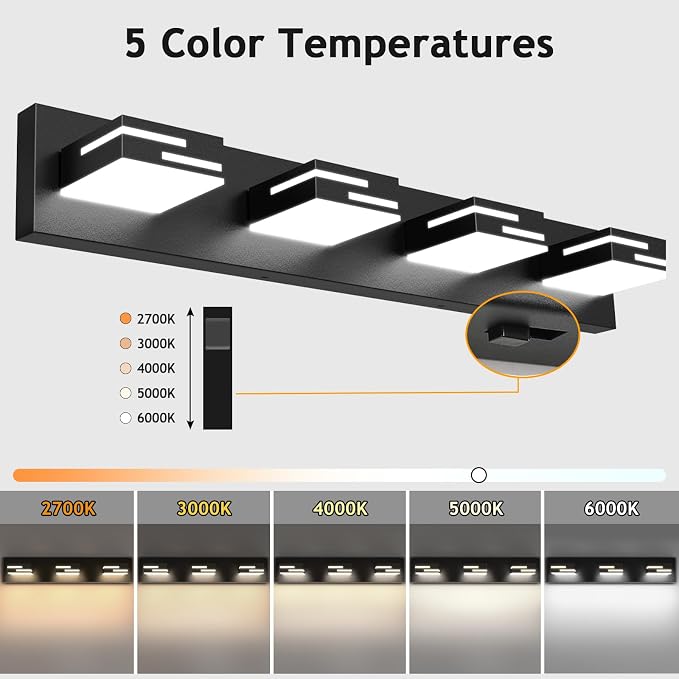 LED Modern Bathroom Vanity Light Fixtures, Dimmable Matte Black Vanity Lights for Bathroom Lighting Fixtures Over Mirror, with 360° Rotatable Acrylic Heads 4-Light 30-inch 5CCT