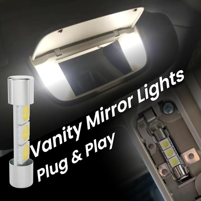 28mm Sun Visor Vanity Mirror Lights 6614F 29mm LED Car Bulb 6000k White Lights 6612F 6641 Fuse Type Bulbs, DC 12V 3SMD 5050 Chips, Pack of 6