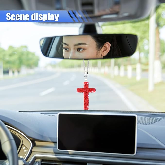 ZIMISI Bling Cross Car Hanging Ornament, Crystal Rhinestone Car Rearview Mirror Pendant for Women, Diamond Rear View Mirror Charm Present, Universal Vehicle Interior Decoration Accessory (Red)