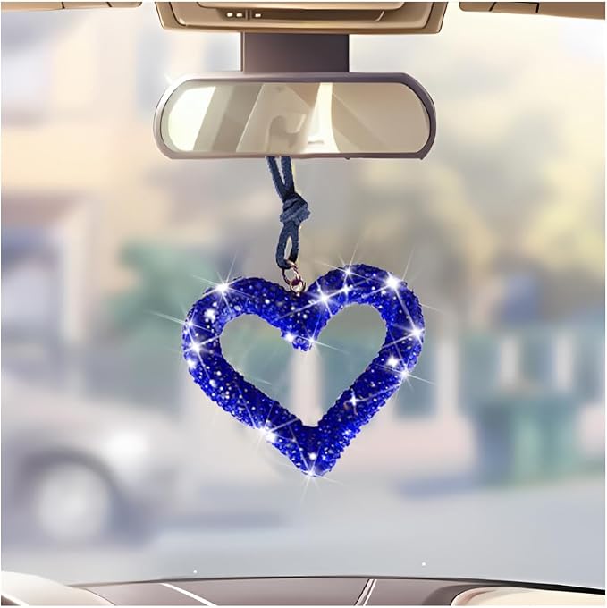 Mandark Bling Heart Car Hanging Accessories, Crystal Rhinestone Vehicle Rear View Mirror Charm Pendant Ornaments, Cute Diamond Auto Interior Hanger Decoration for Women Girls（Dark Blue）