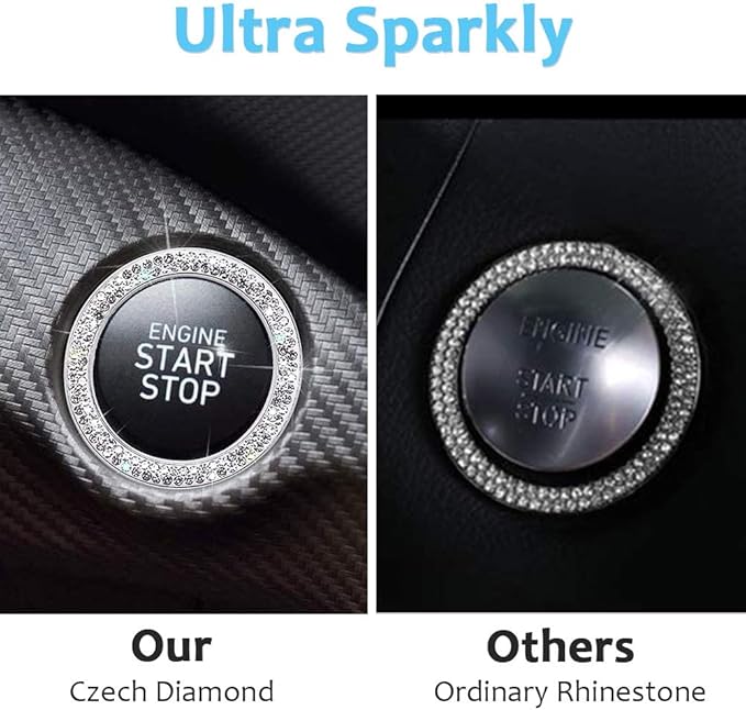 ToBeQueen Push to Start Button Cover 4Pcs Auto Engine Start Stop Bling Car Decor for Women Girl Diamond Rhinestone Rings Stickers, Bedazzled Accessories