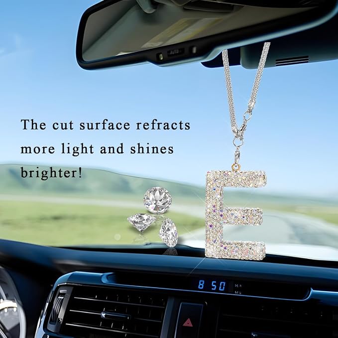DXNQ Bling Initial Car Rear View Mirror Ornament, Crystal Sparkling Cute Letter Charm Pendant Auto Decor, Hanging Lucky Diamond Initial Charm Car Mirror Bag Ornament for Girl Women (Letter E)