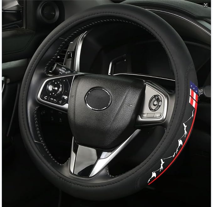 Premium Leather American Flag USA Steering Wheel Cover Universal 14.5-15inch Compatible with Car Truck SUV