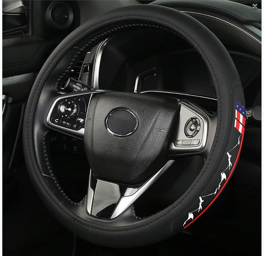 Premium Leather American Flag USA Steering Wheel Cover Universal 14.5-15inch Compatible with Car Truck SUV