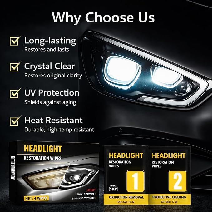 Headlight Restoration Wipes Kit – 2‑Step Headlight Cleaner & Protective Coating – Removes Yellowing & Oxidation, Restores Clarity & Shine – No Tools Needed – Quick DIY Headlight Lens Repair