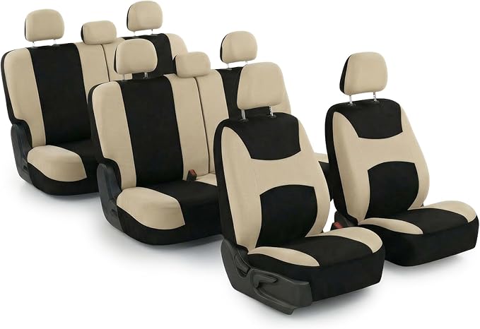FH Group Automotive Seat Covers Light & Breezy Flat Cloth Seat Cover Three Row Set Beige, Airbag and Split Rear Car Seat Cover Universal Fit Interior Accessories Cars Trucks SUV Car Accessories