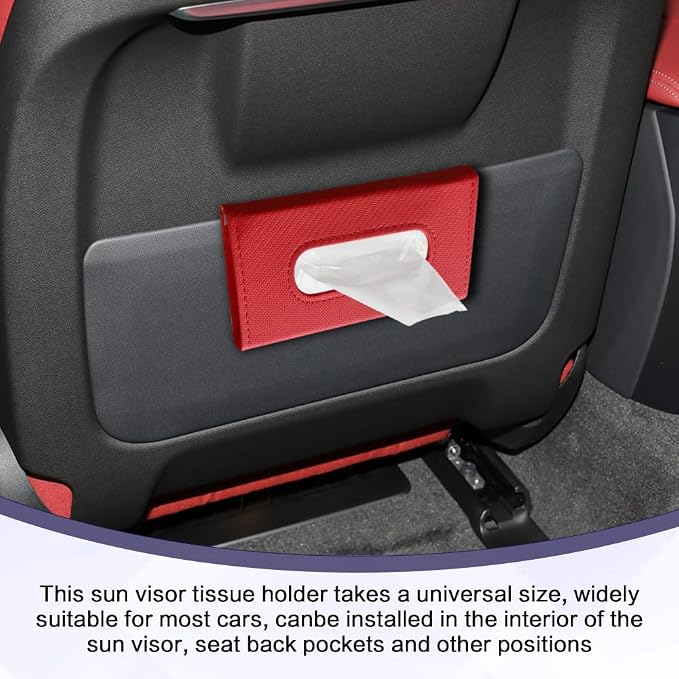 Car Visor Tissue Holder, Tissue Box Holder for Car, Leather Auto Sun Visor Napkin Case Mask Dispenser, Automotive Accessories Rectangular Hanging Auto Napkin Box Fit for Most Vehicles (Red)