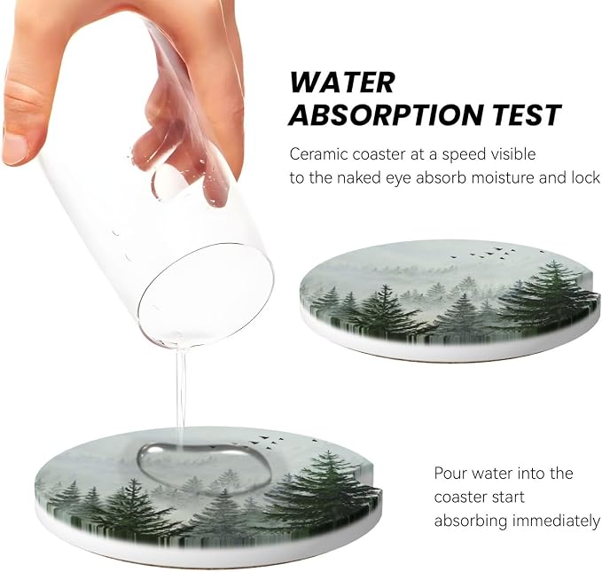 Forest Car Cup Holder Coaster 2 Pack Absorbent Ceramic Car Coasters for Cup Holders Car Accessories Interior for Women Men Universal Anti Slip Cork Base Cup Coasters with Finger Notch