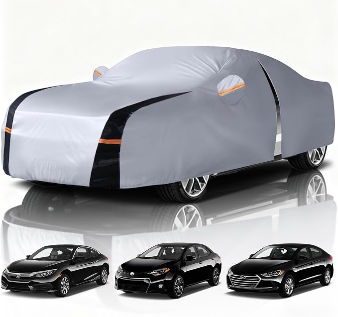 Sedan Car Cover 100% Waterproof All Weather, 10 Layers Outdoor Car Covers for Automobiles - Custom Fit Honda Civic, Hyundai Avante, Nissan Sentra, Kia forte, etc. Sun & Rain Protector. A1 (Size Chart)