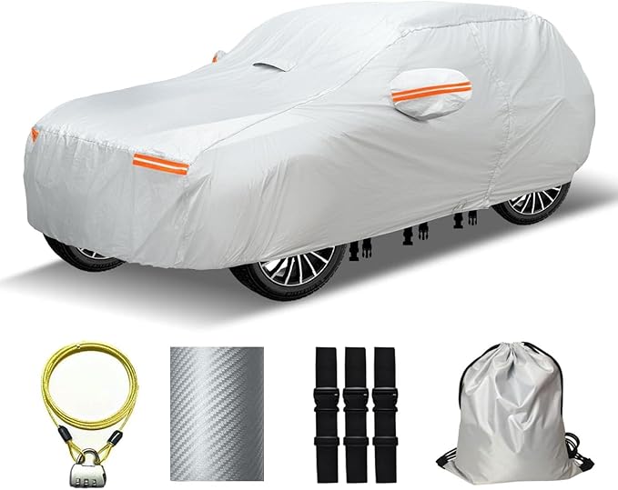 30 Layers Heavy Duty SUV Car Cover for Automobiles All Weather Waterproof, Outdoor Snowproof UV Protection Windproof, Door Zipper, Soft Cotton Universal Car Covers (Silver, Fit SUV 181"-190")