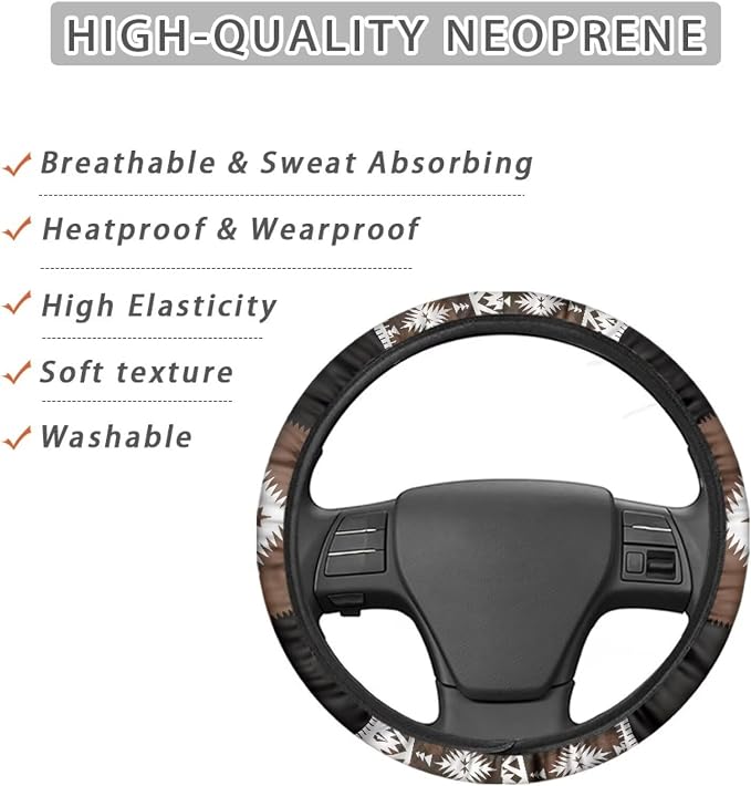 Wanyint Southwest Aztec Brown Black Car Steering Wheel Cover 15 Inch Universal Breathable Soft Anti-Slip Sweat Absorbent Car Accessory Fit for Most Vehicles