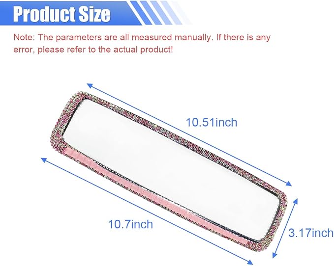 Bling Car Rear View Mirror, Clip-On Rhinestone Car Rearview Mirror with Crystal Diamonds, HD Glass Auto Interior Rear View Mirrors, Auto Decoration Accessories for Women Men Teens (Pink)