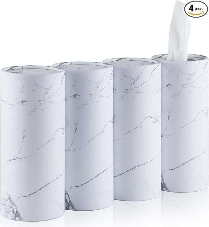 SINGARO Car Tissue Holder, 4 Pack Car Cup Holder Facial Tissues with Travel Tissue Bag, Quick and Convenient Flower Combination Car Tissue Box(4 Canisters/200 Tissues) White