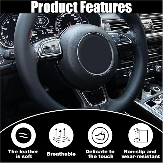 Car Genuine Leather Steering Wheel Cover, DIY Sewing with Needle and Thread, Breathable, and Anti-Slip, Universal 15 Inch Car Steering Wheel Stitching Wrap (Black, Glossy)