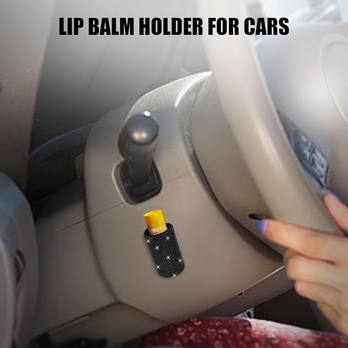 Upright Car Chapstick Holder, Bling Insulating Lip Balm Holder,Rhinestone Car Accessories for Women Interior ,Suitable for Most Vehicles. (Black)