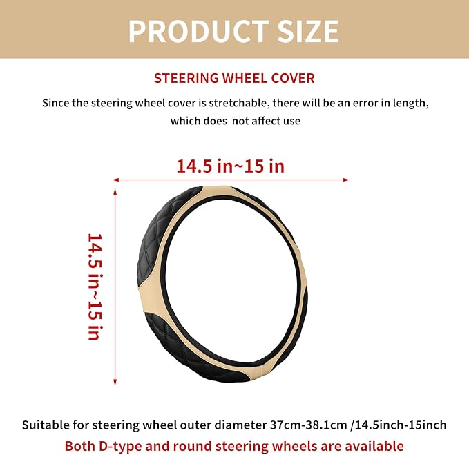 15 Inch Leather Steering Wheel Cover, Automotive Accessories Breathable Anti-Slip Elastic Soft Wheel Protector, Fit for Most SUVs Trucks and RVs (Beige)