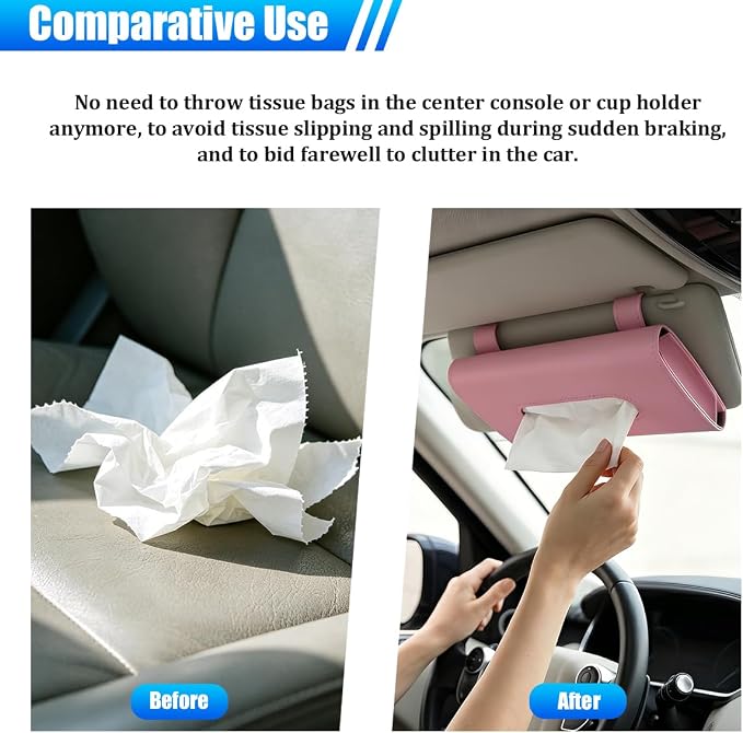 Car Tissue Holder, Rectangle Vehicle Sun Visor Napkin Case with Ergonomic Take Out Port, Automotive Interior Sunshade Tissue Box Organizer, Universal for SUV RV Truck (Pink)
