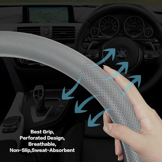 Car Steering Wheel Cover,Universal 15 Inch Premium Leather Car Steering Wheel Cover,Best Grip,Perforated Design,Breathable,Non-Slip,Sweat-Absorbent,Warm in Winter and Cool in Summer (Gray)