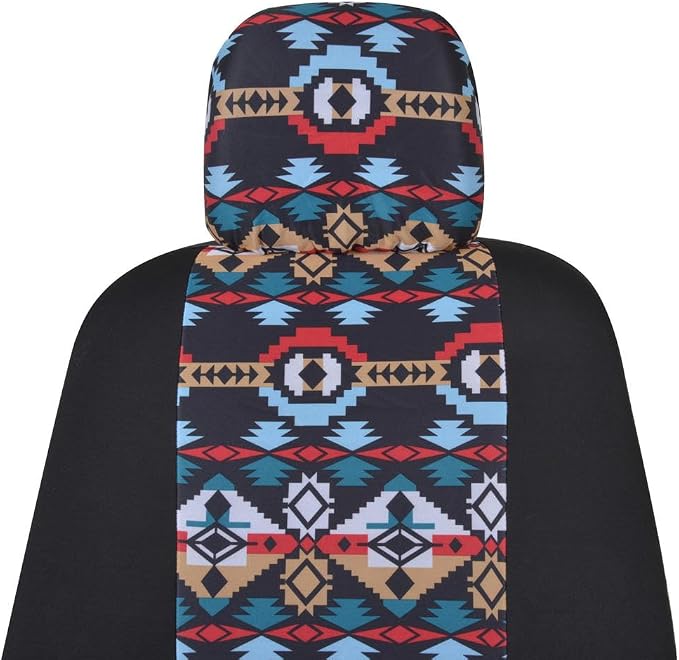 BDK Aztec Pattern Car Seat Covers for Front Seats, 2-Pack Geometric Print Front Seat Cover Set with Matching Headrest, Sideless Design for Easy Installation, Universal Fits Most Cars Trucks Vans SUVs
