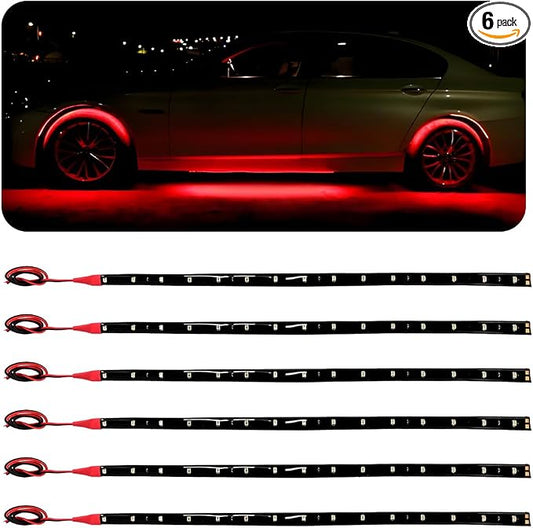 Wevdn 6 PCS 15 LED Strip Underbody Light, DC 12V 1Ft Flexible Underglow Car LED Light Strip with 6 Inch Wire, Waterproof LED Interior Exterior Decoration for Car Truck Motorcycle (Red)