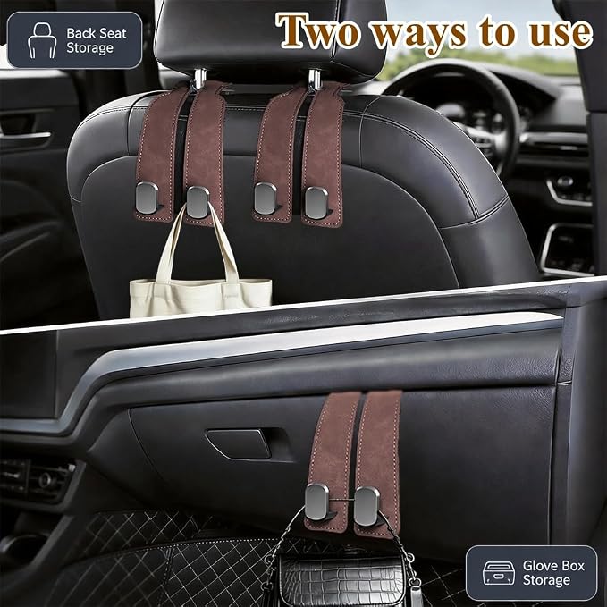 2-Pack Car Hanging Hooks for Car Seat Back & Glove Box, Brown | Dual-Use Purses & Bags Hanger for Car With Metal Hooks - Keep Floor & Seats Clutter-Free, Car Interior Organizer Accessories