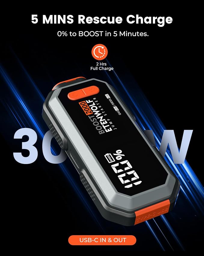 Car Battery Jump Starter Portable, 2000A Peak Jump Box 12V Car Jump Starter | for up to 8.0L Gas and 6.5L Diesel Engines, USB-C Portable Battery Jumper with Jumper Cable, Power Bank, LED Light